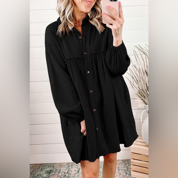 Buttoned Collared Neck Dropped Shoulder Mini Dress - Picture 4 of 6